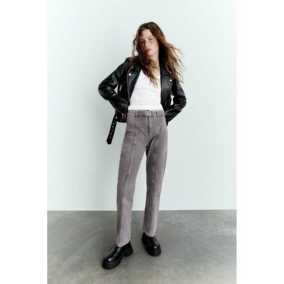 NWT ZARA STRAIGHT FIT TRF JEANS WITH DECORATIVE STITCHES - Picture 3 of 10